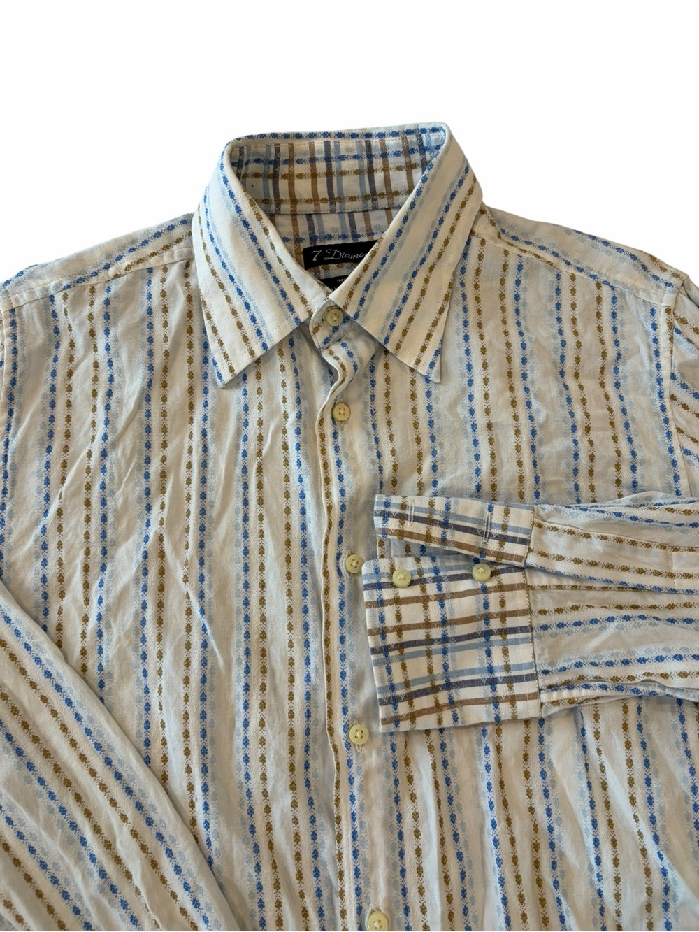 7 Diamonds Striped Button Down Shirt Men Large Blue Brown Cotton
